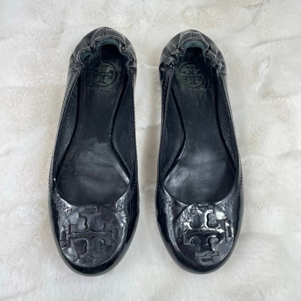 🔥Tory Burch Reva Ballet Flats Black Patent Leather Shoes Logo Size 6 Balletcore